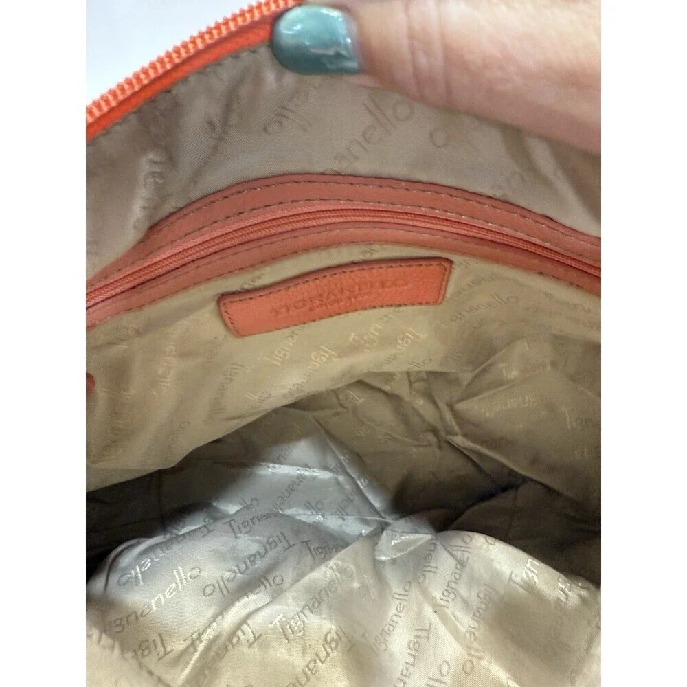 Tignanello Womens Hobo Orange Leather Shoulder Handbag Satchel Purse Pockets